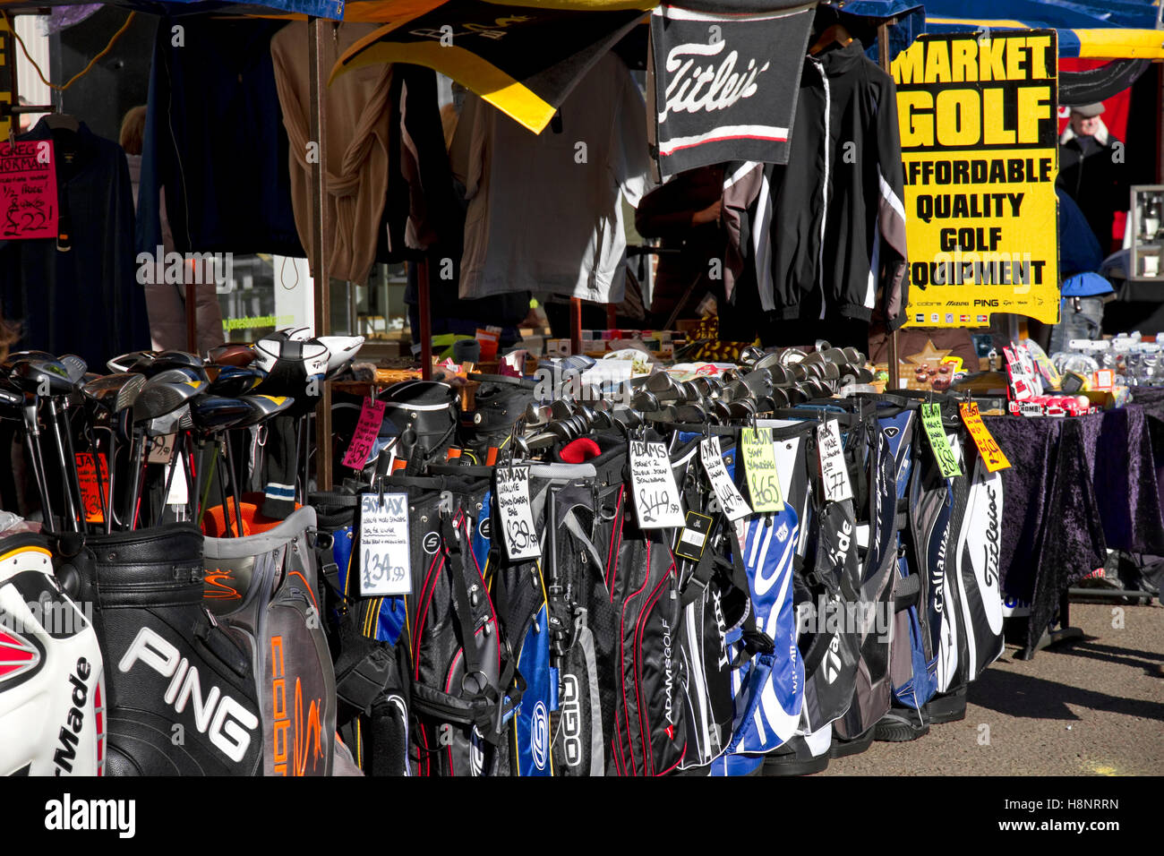 Golf equipment stall at St Albans Market, St Peters Street, St Albans, Hertfordshire, England, UK Stock Photo
