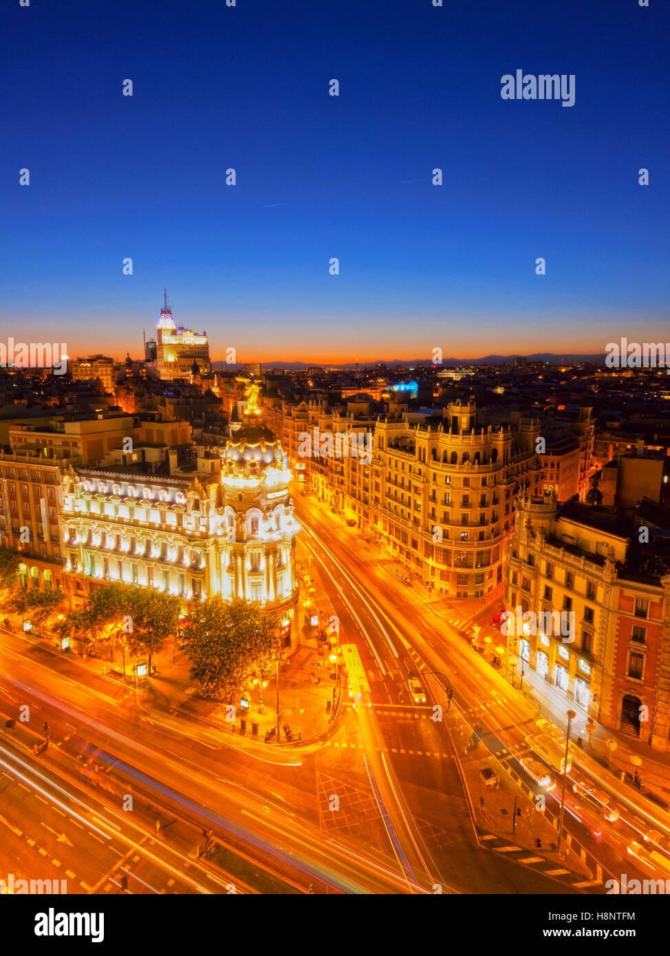 Spain, Madrid, Elevated view of the Metropolis Building. Stock Photo
