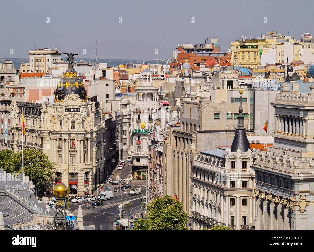 Spain, Madrid, View from the Cybele Palace towards the Alcala Street and the Metropolis Building. Stock Photo