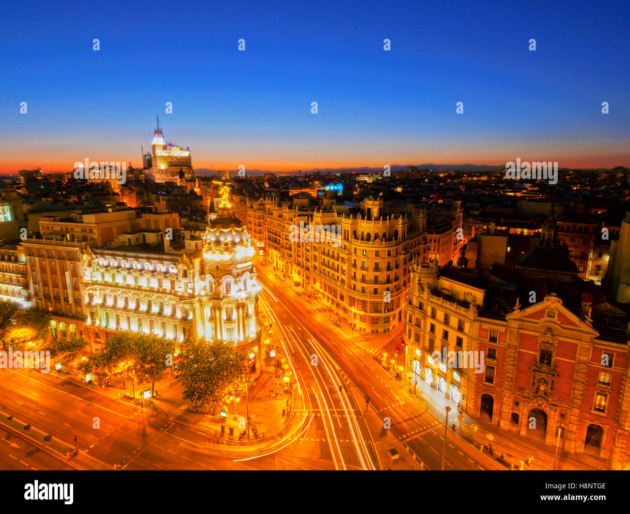 Spain, Madrid, Elevated view of the Metropolis Building. Stock Photo