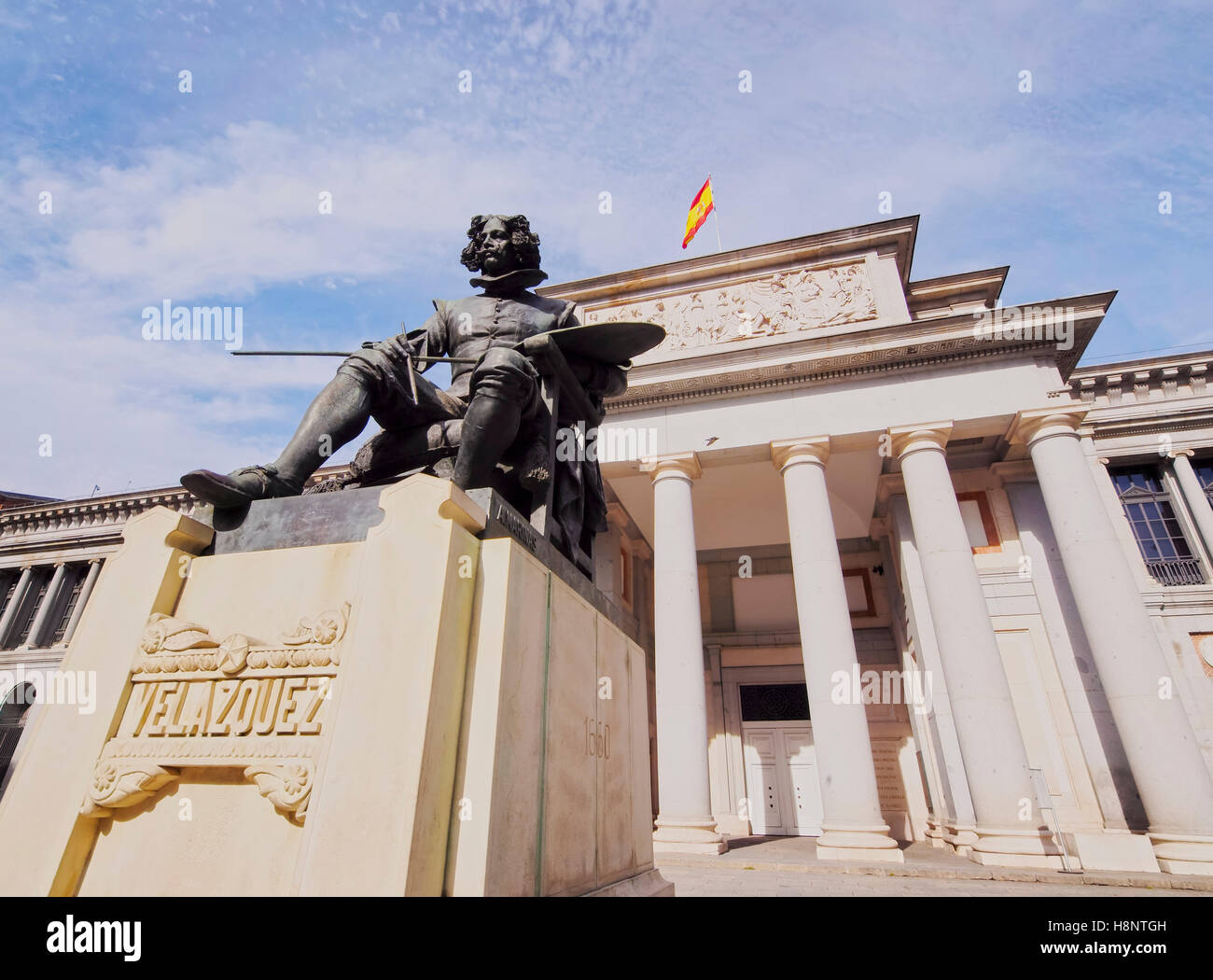 Spain, Madrid, View of the Diego Velazquez Statue in front of the Prado Museum. Stock Photo