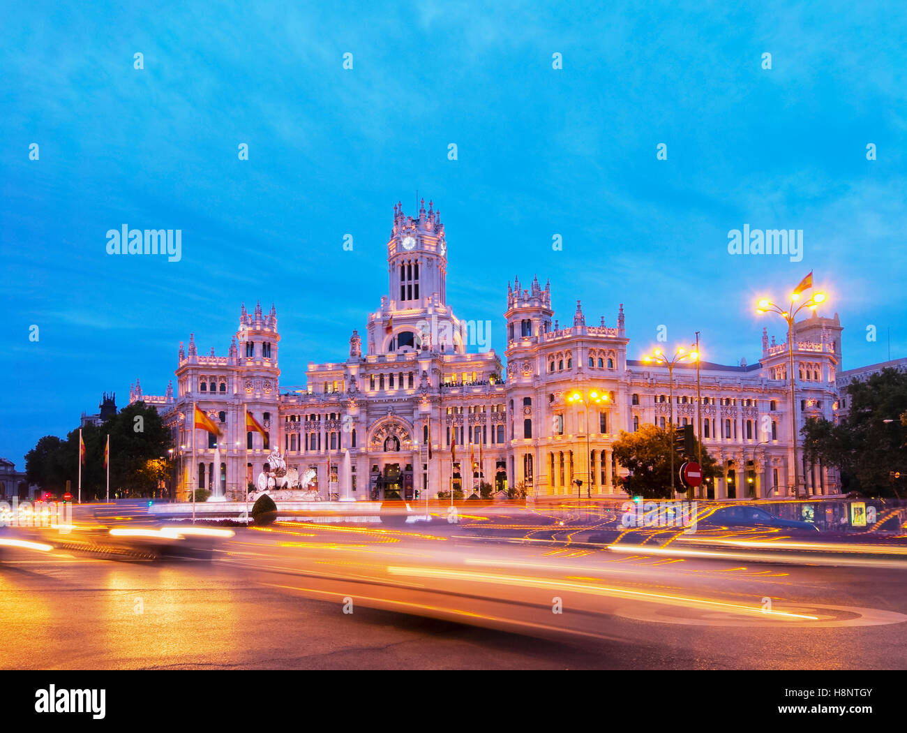 Spain, Madrid, Plaza de Cibeles, Twilight view of the Cybele Palace. Stock Photo