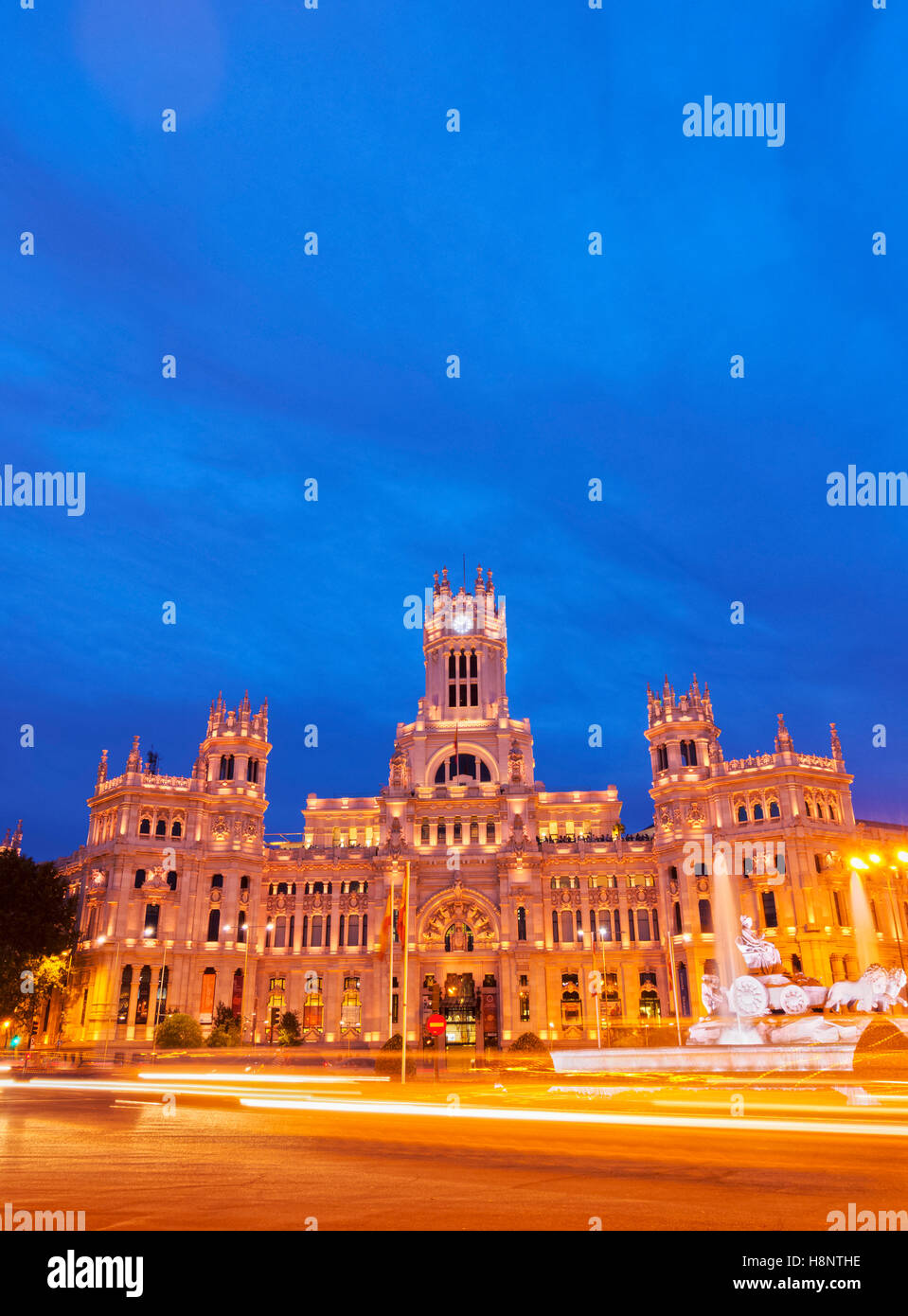 Spain, Madrid, Plaza de Cibeles, Twilight view of the Cybele Palace. Stock Photo