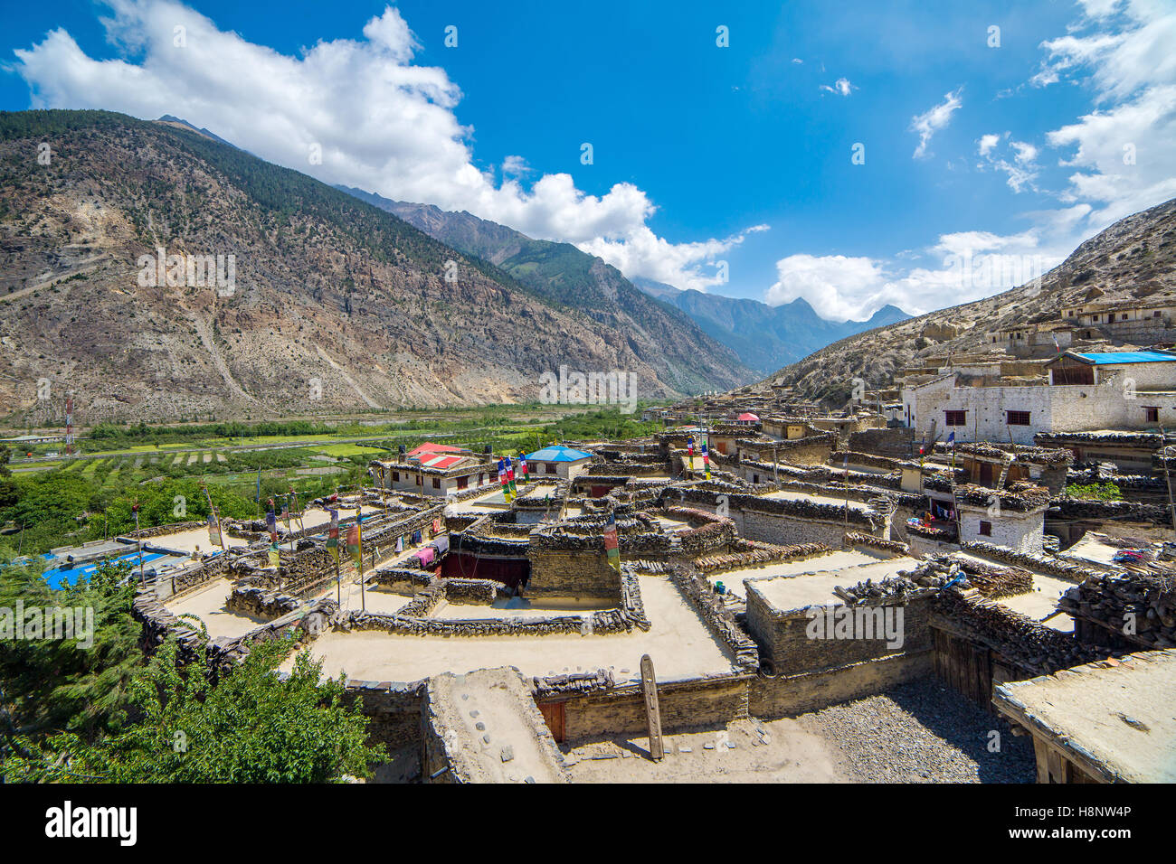 Mountain village Marpha on the Annapurna Circuit Trek in the Himalayas, Nepal Stock Photo