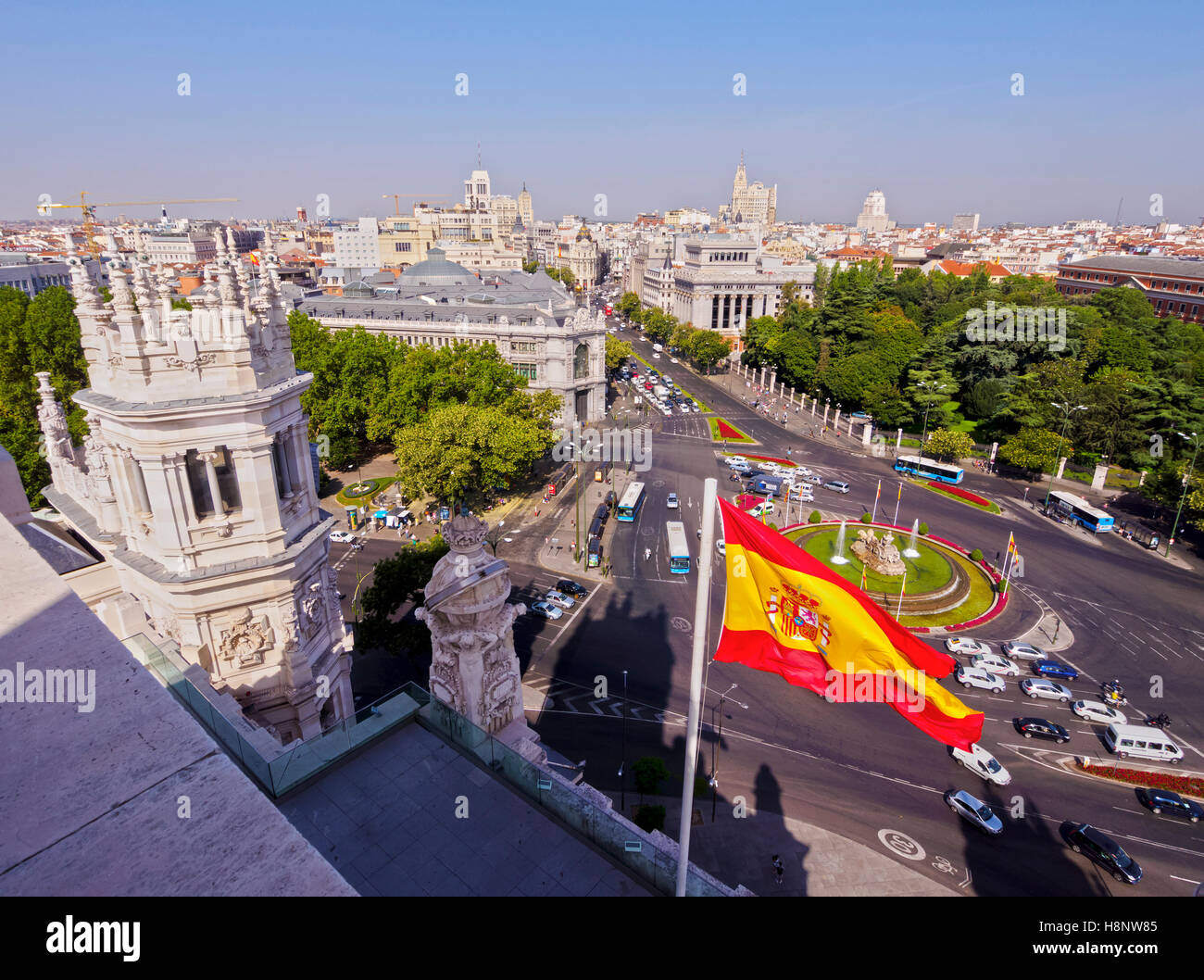 Spain, Madrid, Elevated view of the Plaza de Cibeles seen from the Cybele Palace. Stock Photo