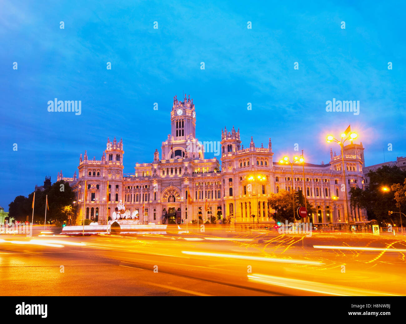 Spain, Madrid, Plaza de Cibeles, Twilight view of the Cybele Palace. Stock Photo