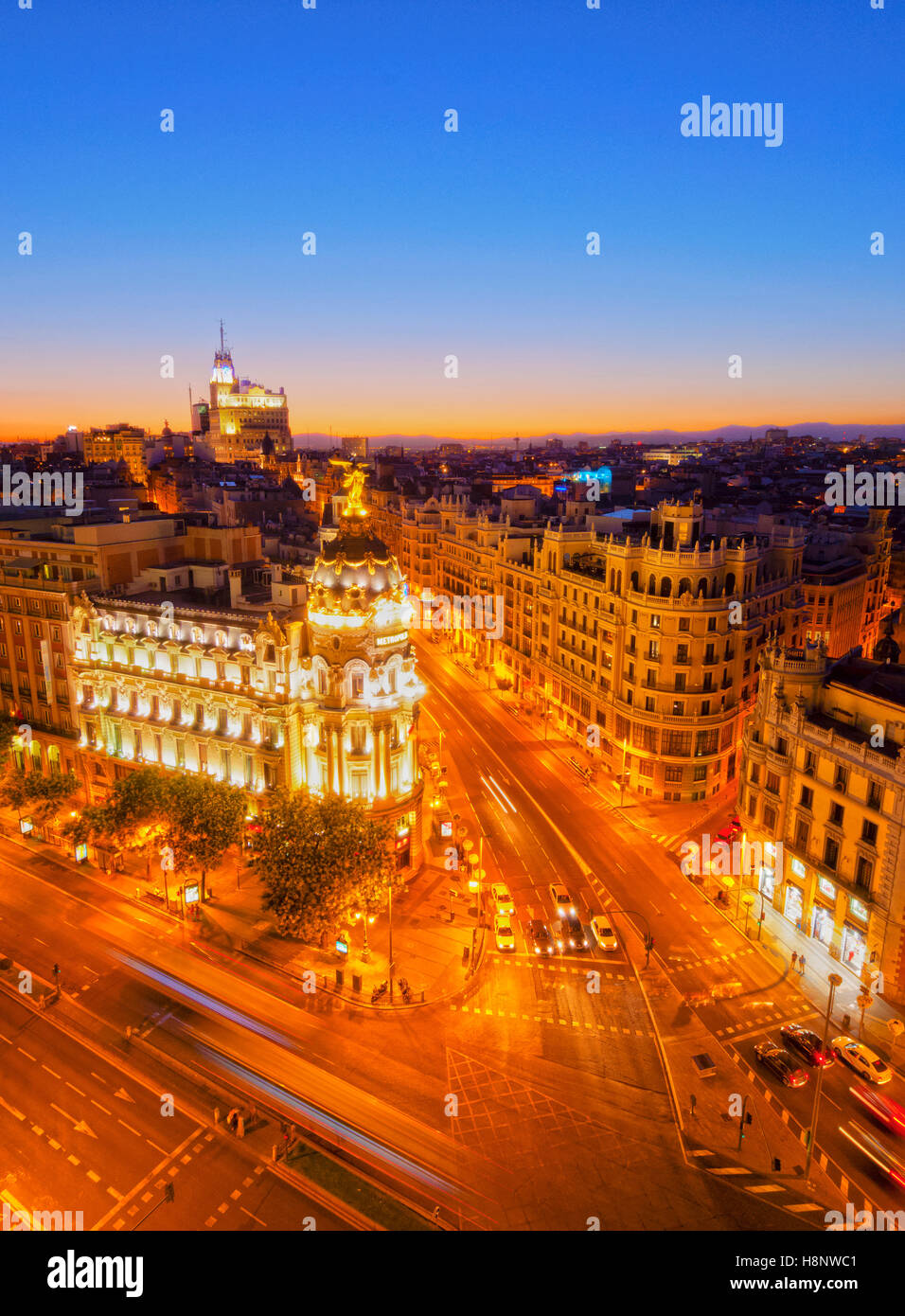 Spain, Madrid, Elevated view of the Metropolis Building. Stock Photo