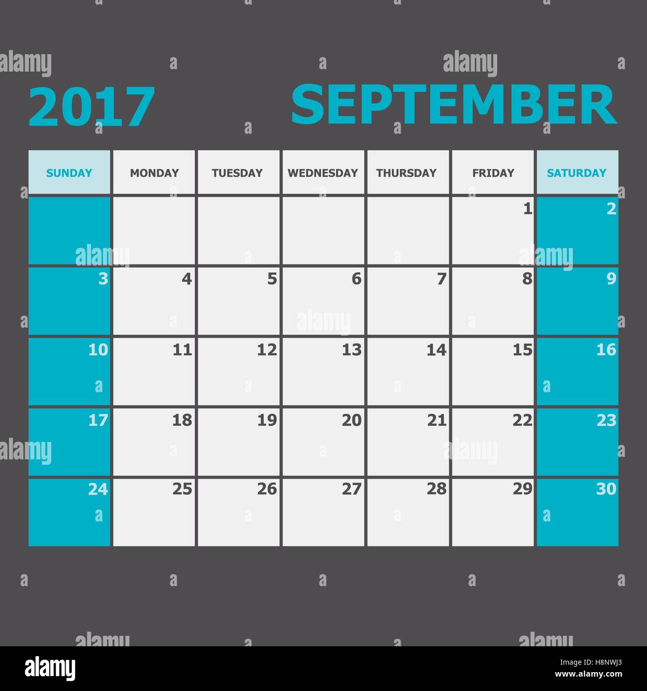 September 2017 calendar week starts on Sunday, stock vector Stock Vector