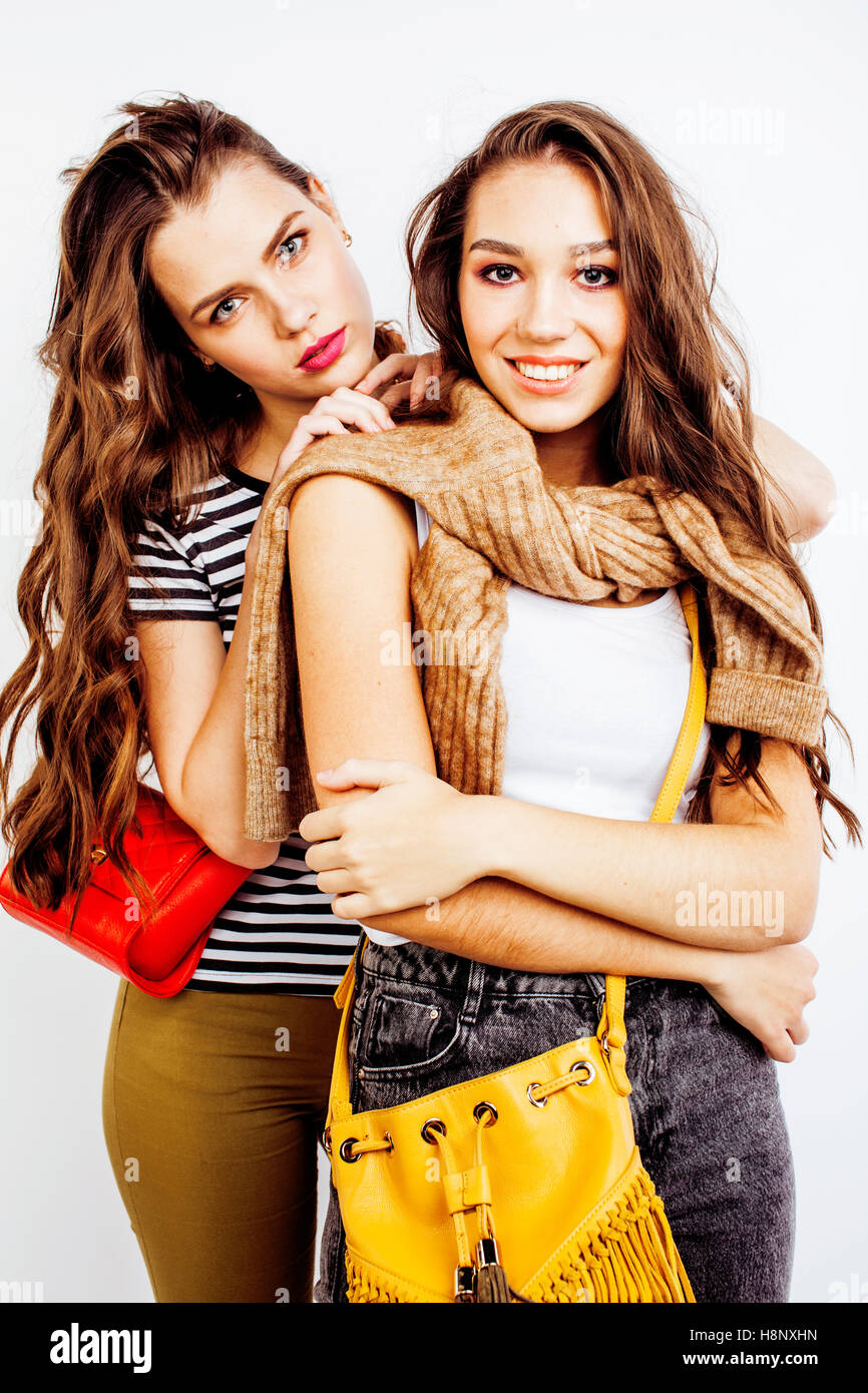 two best friends teenage girls together having fun, posing emotional on