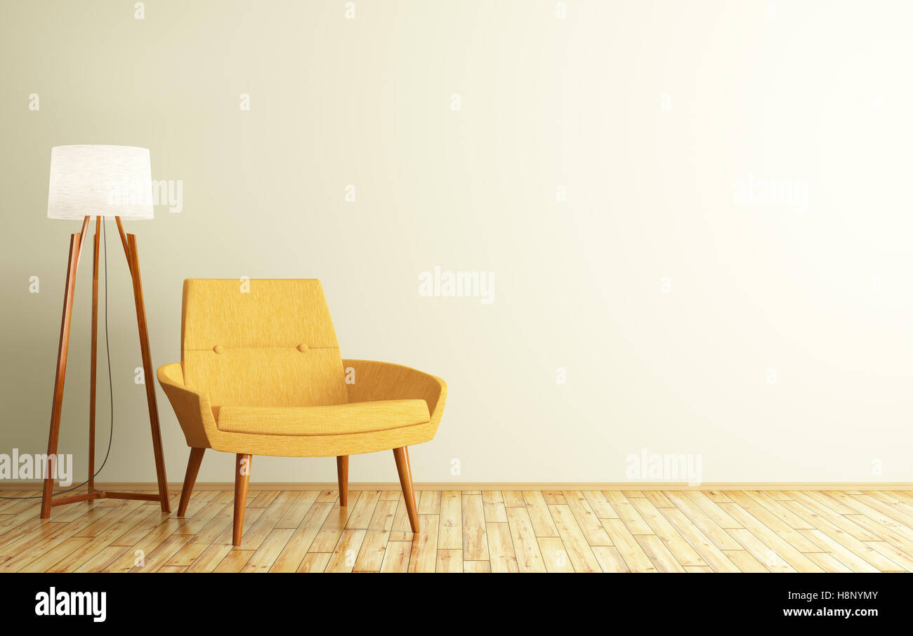 Modern living room interior with yellow armchair and floor lamp 3d ...