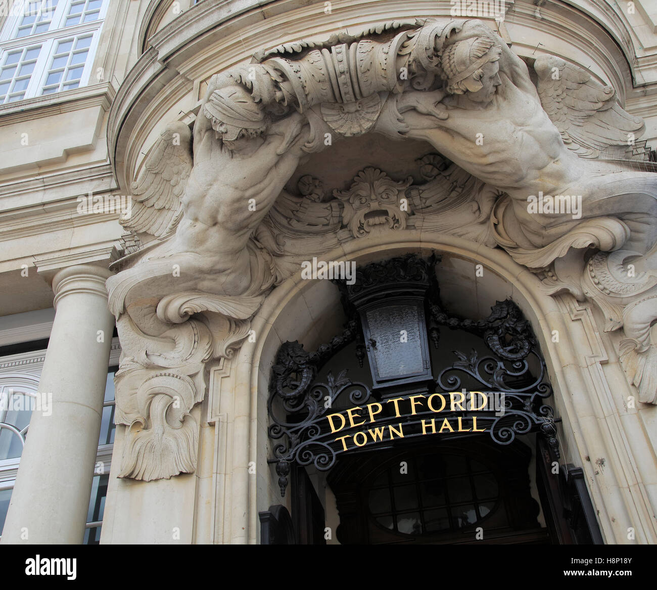 Entrance to town hall, Deptford, south London, England, UK built 1903-05 architectural sculpture by Henry Poole. Stock Photo