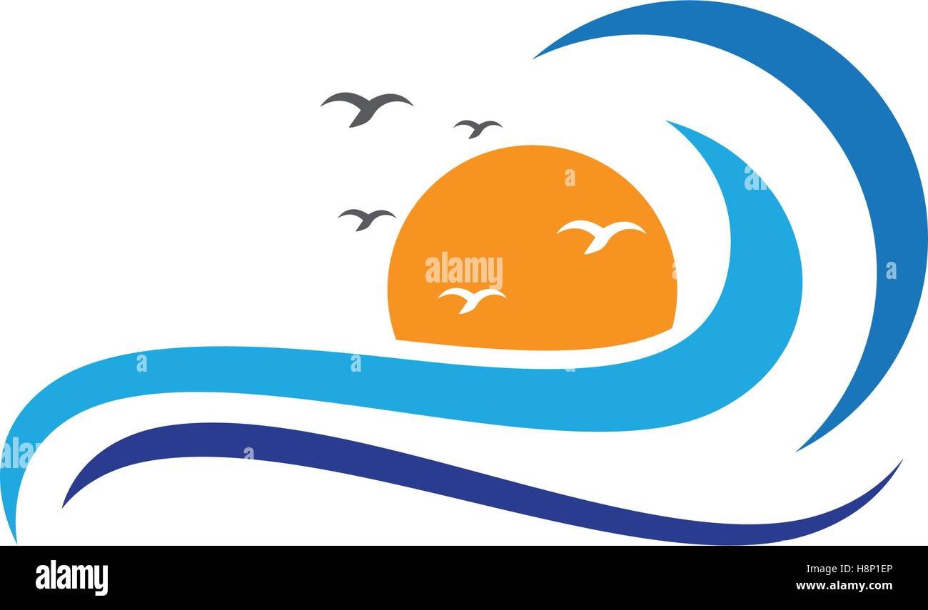 Vector Logo with yellow sun and blue sea waves. Vector logotype Stock
