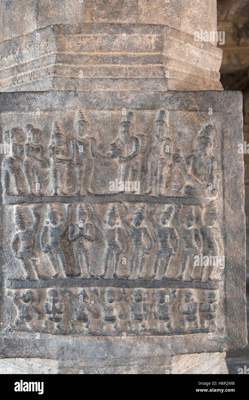 Carving depicting marriage of Kartikeya with Pongi or Valli, Inner pillars, agra-mandapa, Airavatesvara Temple, Darasuram, Tamil Stock Photo