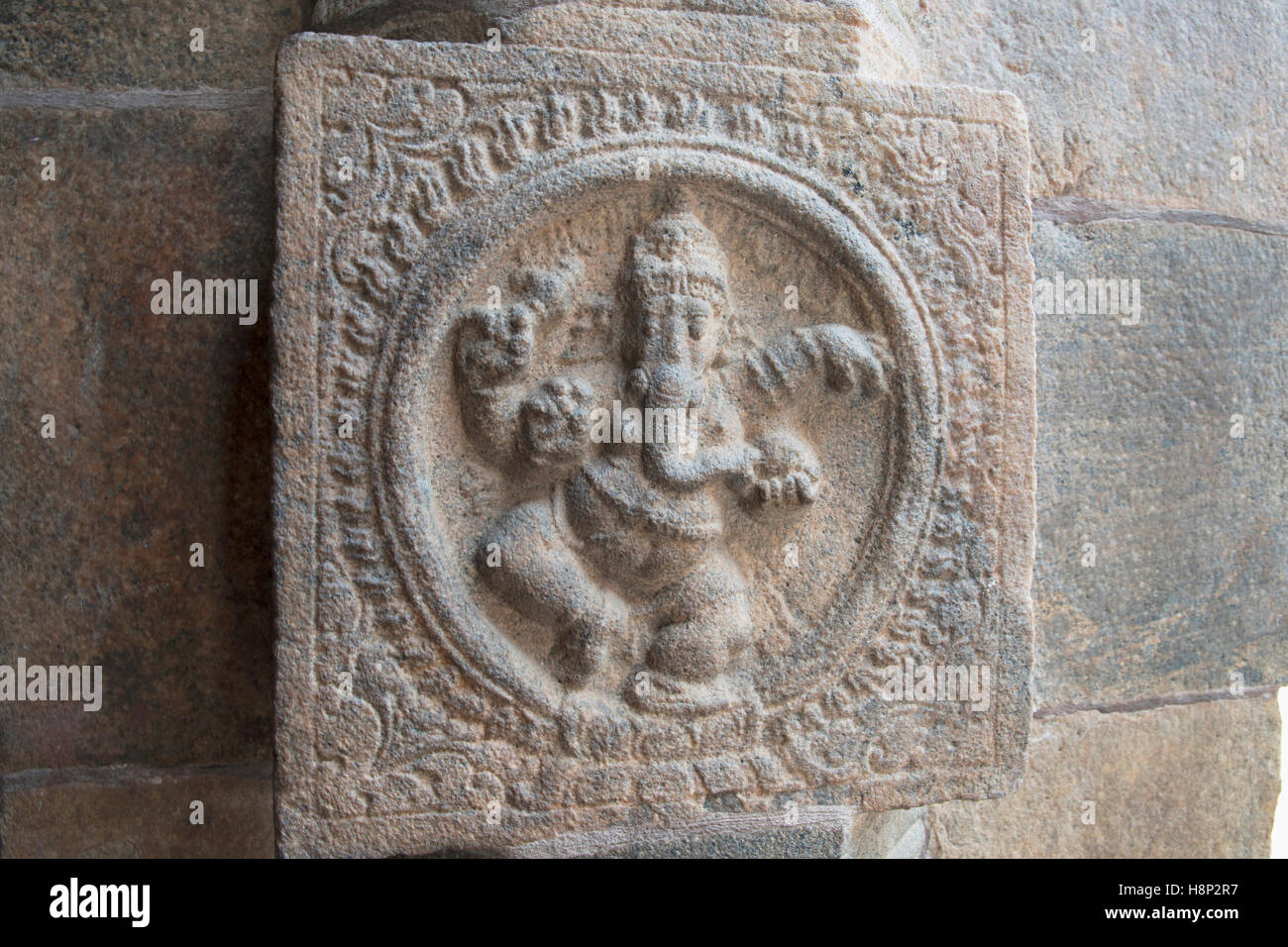 Dancing Ganesha carved on the pillar of ardha-mandapa, Airavatesvara Temple, Darasuram, Tamil Nadu, India. Stock Photo