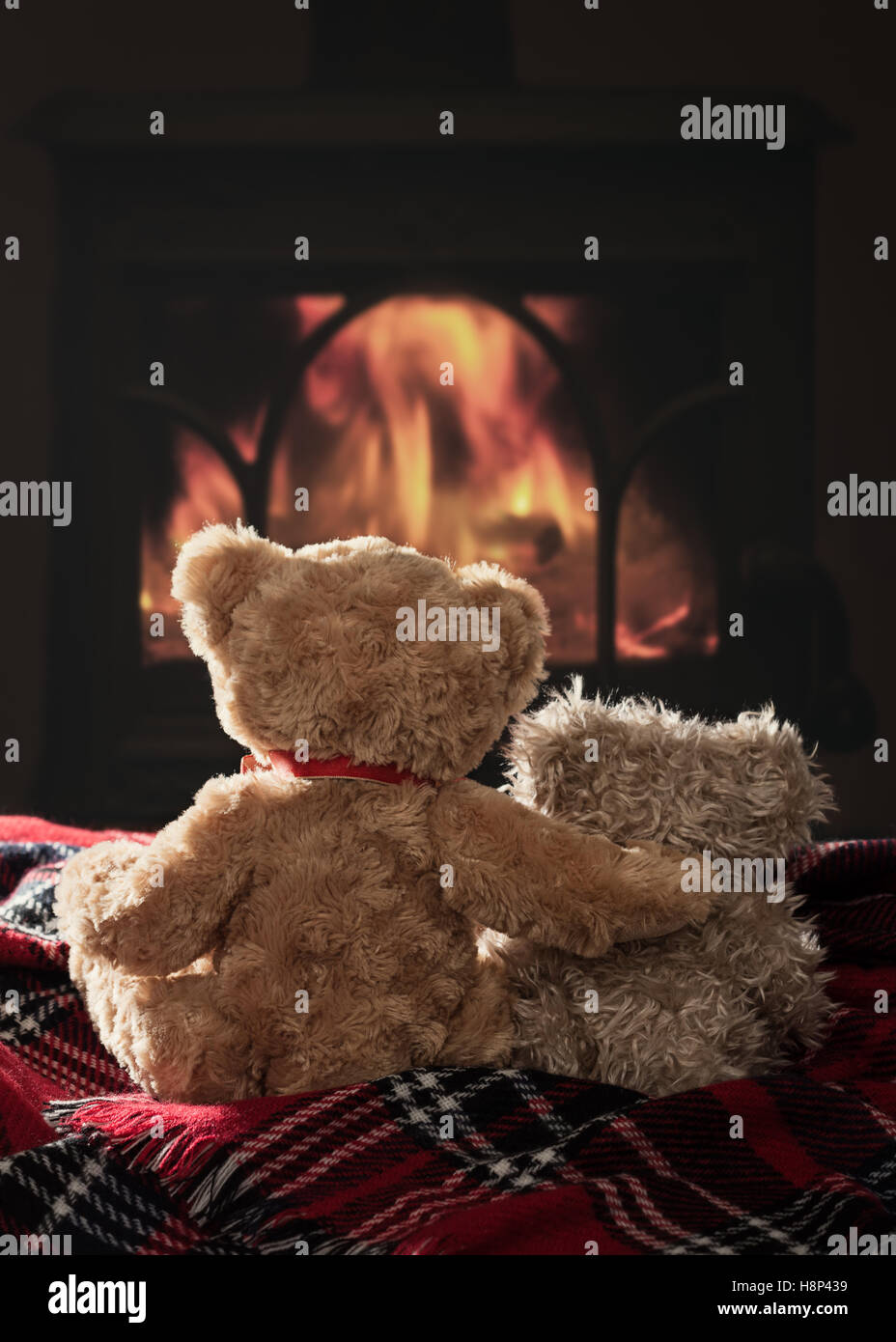 Two scruffy teddy bears sitting by the fire on a tartan blanket Stock Photo