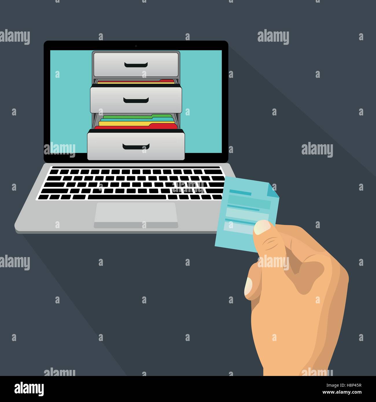 Businessman hand puts documents folder in storage on a laptop Stock