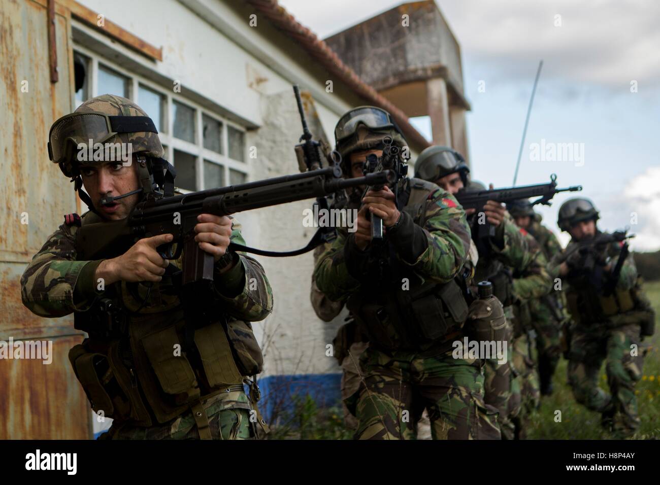 Portuguese Marines clear a room during an assault training exercise April 9, 2015 in Lisbon, Portugal. Stock Photo