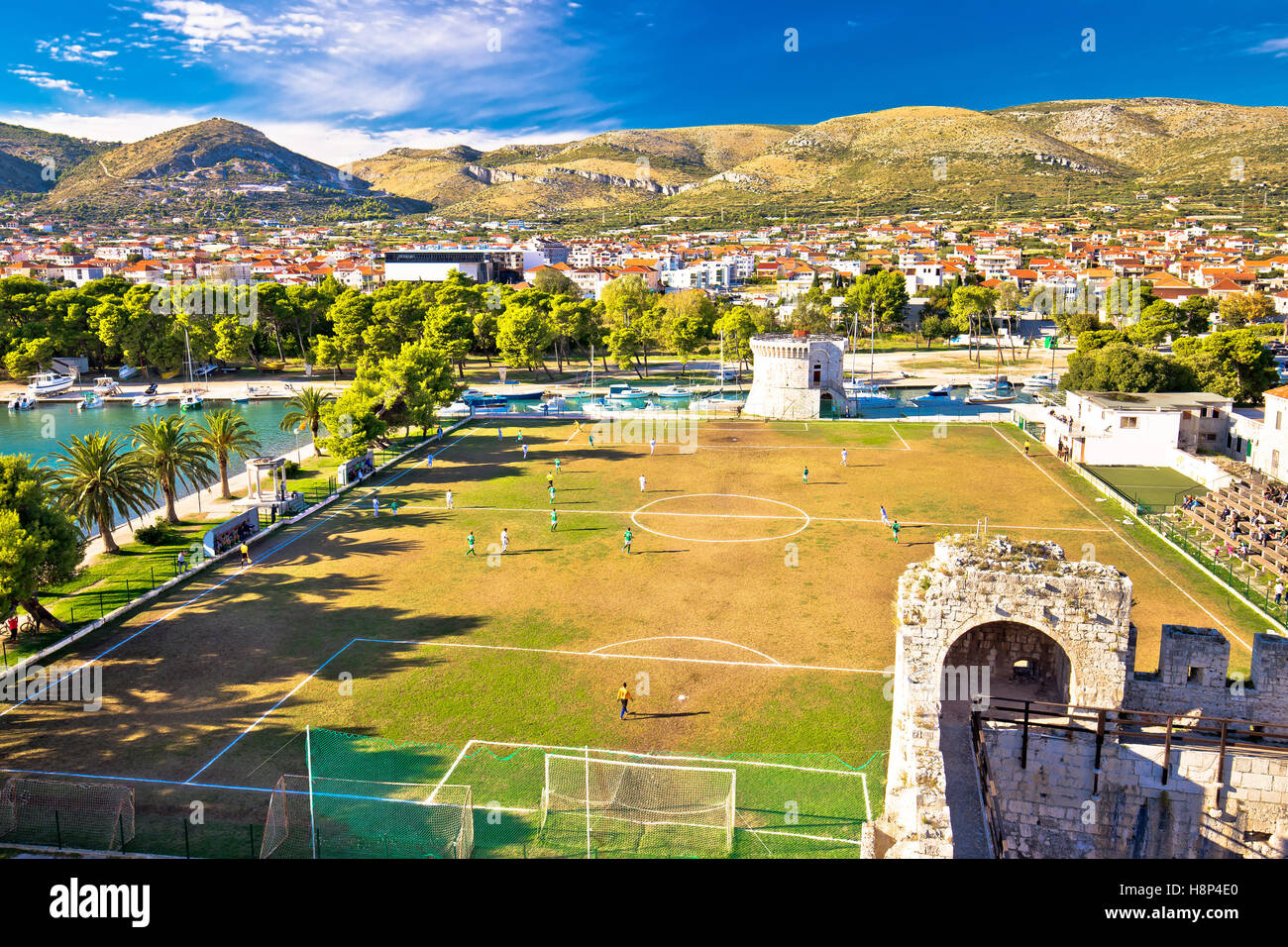 Trogir landmarks and soccer field view, Dalmatia, Croatia Stock Photo