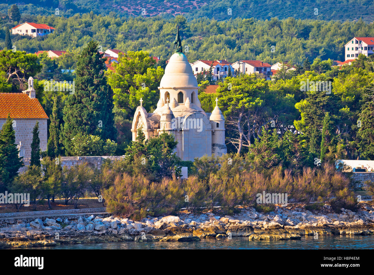 Mausoleum of Supetar seaside view, island of Brac, Dalmatia, Croatia Stock Photo