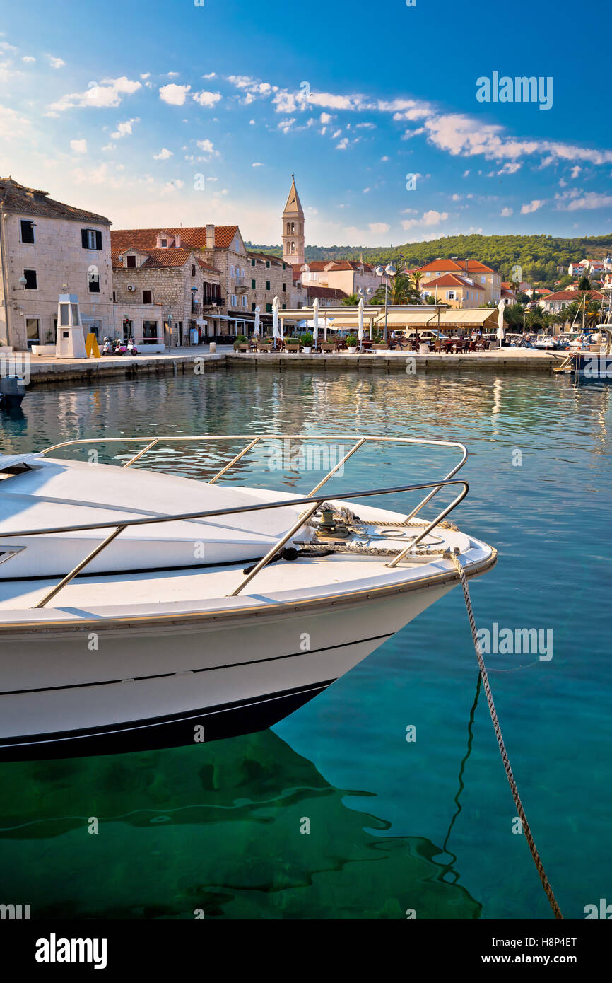 Town of Supetar turquoise waterfront vertical view, island of Brac, Dalmatia, Croatia Stock Photo