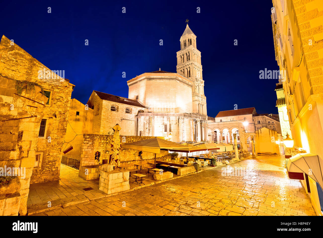 Split cathedral and architecture evening view, UNESCO world heritage site in Dalmatia, Croatia Stock Photo