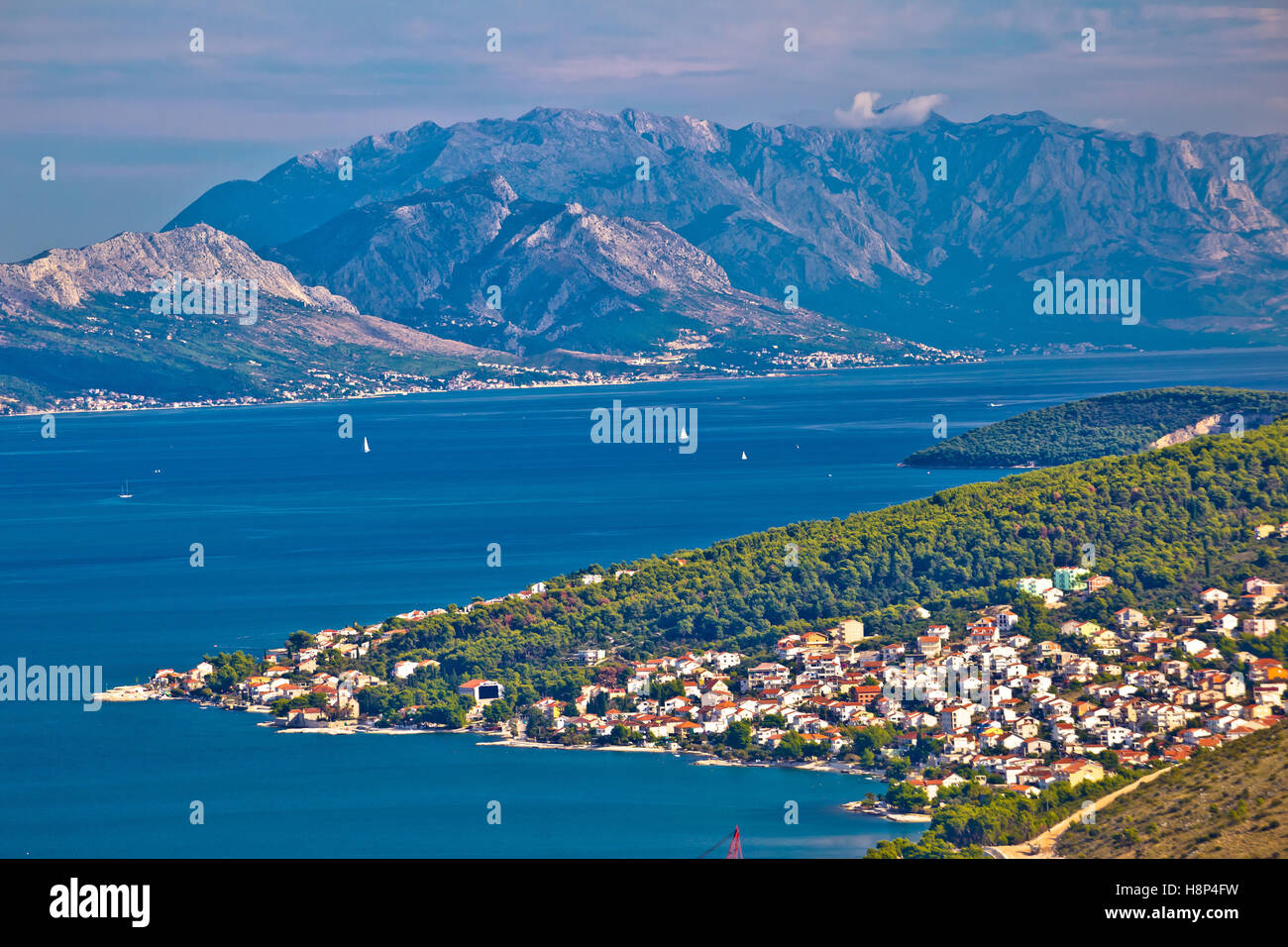 Island of Ciovo and Biokovo mountain aerial view, Dalmatia, Croatia Stock Photo
