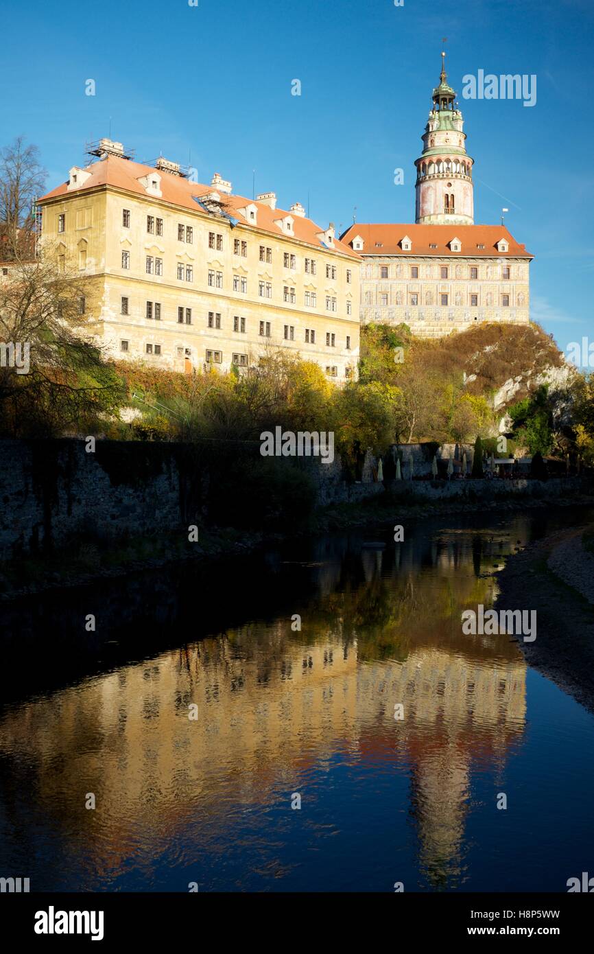 Cesky Krumlov, Old mint, Little Castle and tower reflected in river Vltava Stock Photo