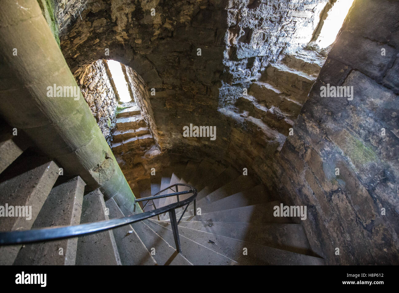 UK, England, Yorkshire, Wensleydale, Middleham - A winding staircase inside Middleham Castle, located in the small town of Middl Stock Photo
