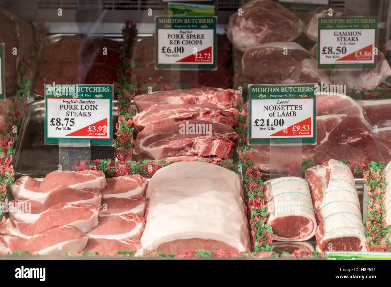 UK, England, Yorkshire, Richmond - A local butcher shop selling different cuts of meat in the city of Richmond located in Northe Stock Photo