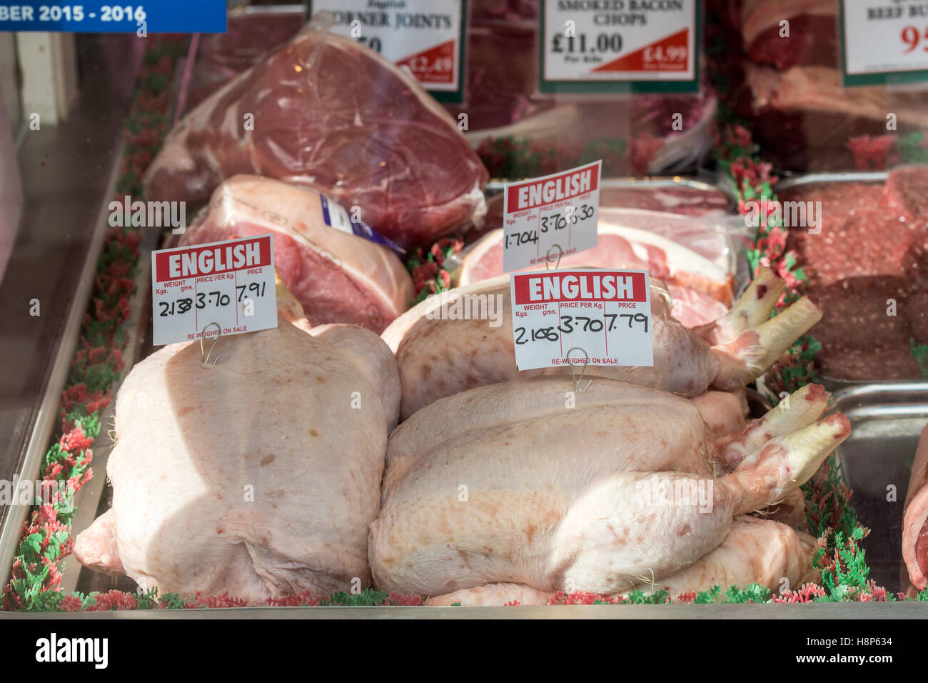 UK, England, Yorkshire, Richmond - A local butcher shop selling different cuts of meat in the city of Richmond located in Northe Stock Photo