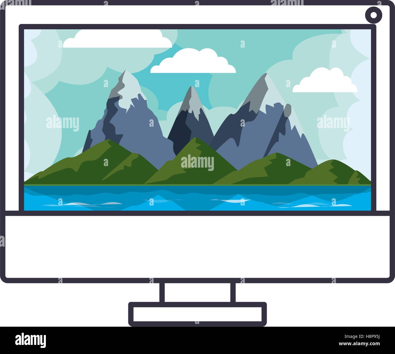 Mountains and sea inside computer icon. Landscape nature outdoor season ...