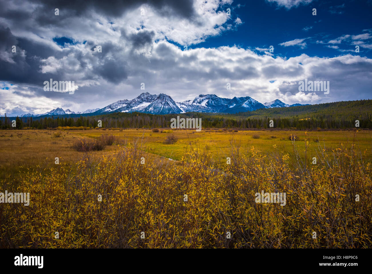 Panoramic Shot of a Sawtooth Mountain Range taken near Stanley Idaho USA Stock Photo