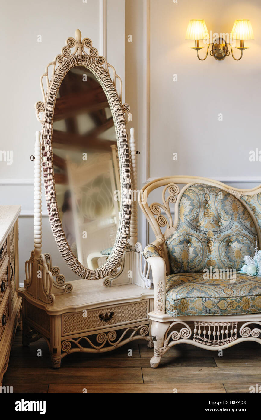 White beautiful mirror in luxury bedroom interior Stock Photo