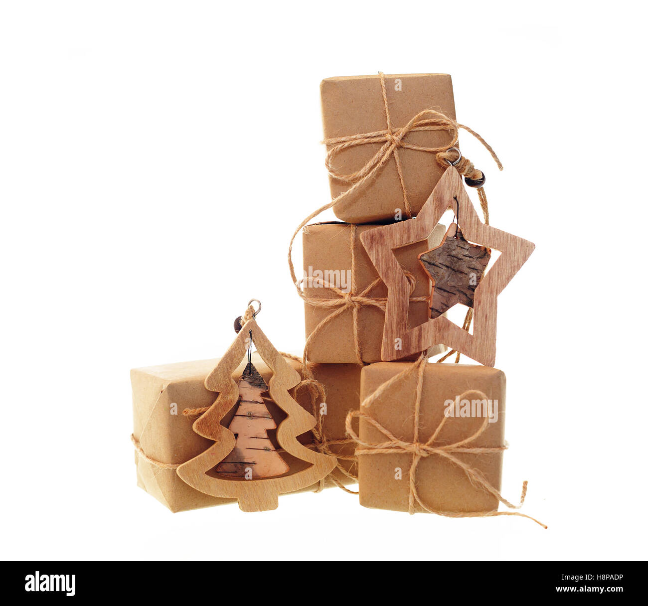 gift boxes with kraft paper and Christmas Toys isolated on white background Stock Photo