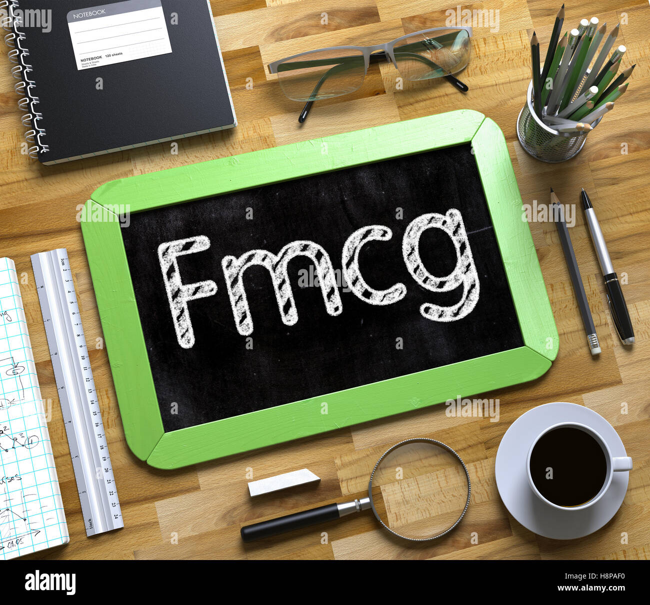 Fmcg Concept on Small Chalkboard. 3D. Stock Photo