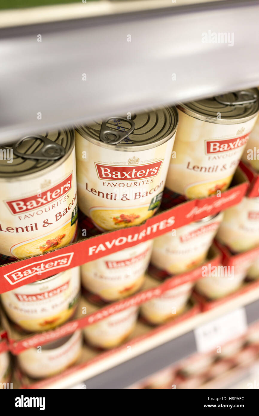 tins of Baxters soup on supermarket shelves Stock Photo