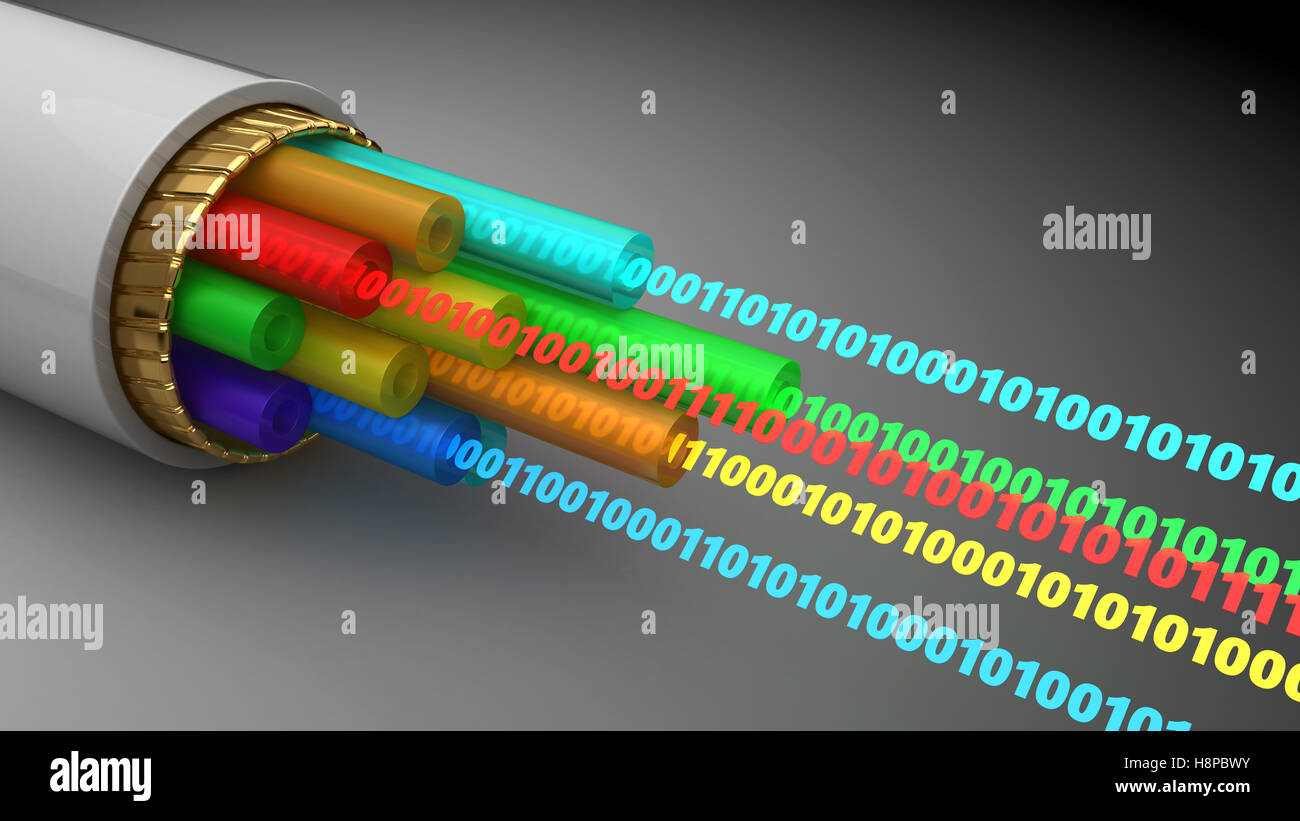 3d illustration of binary digital data inside fiber optics cable, over dark background Stock Photo