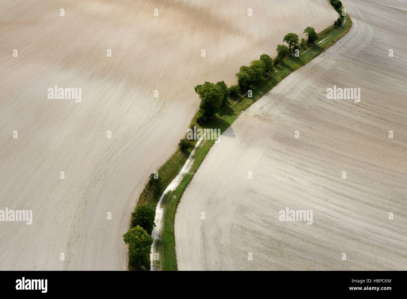 Aerial view over plowed / ploughed fields in the Marne department (north-eastern France). Stock Photo