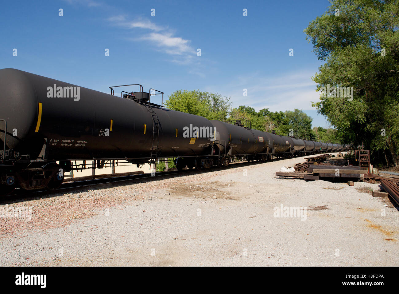 Tanker Train on Railroad Crossing at South Dubuque Street, Iowa City, Iowa, USA Stock Photo