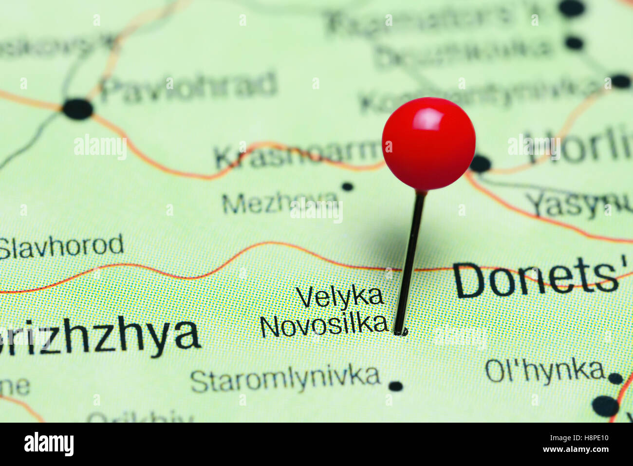 Velyka Novosilka pinned on a map of Ukraine Stock Photo