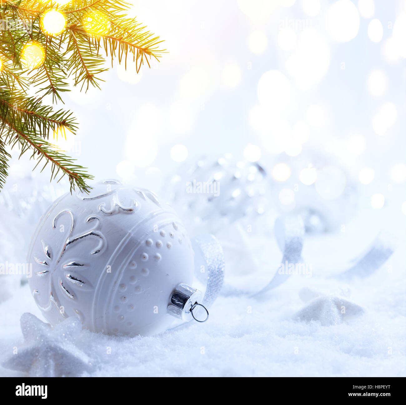 Christmas decoration and holidays light on snow Background Stock Photo ...