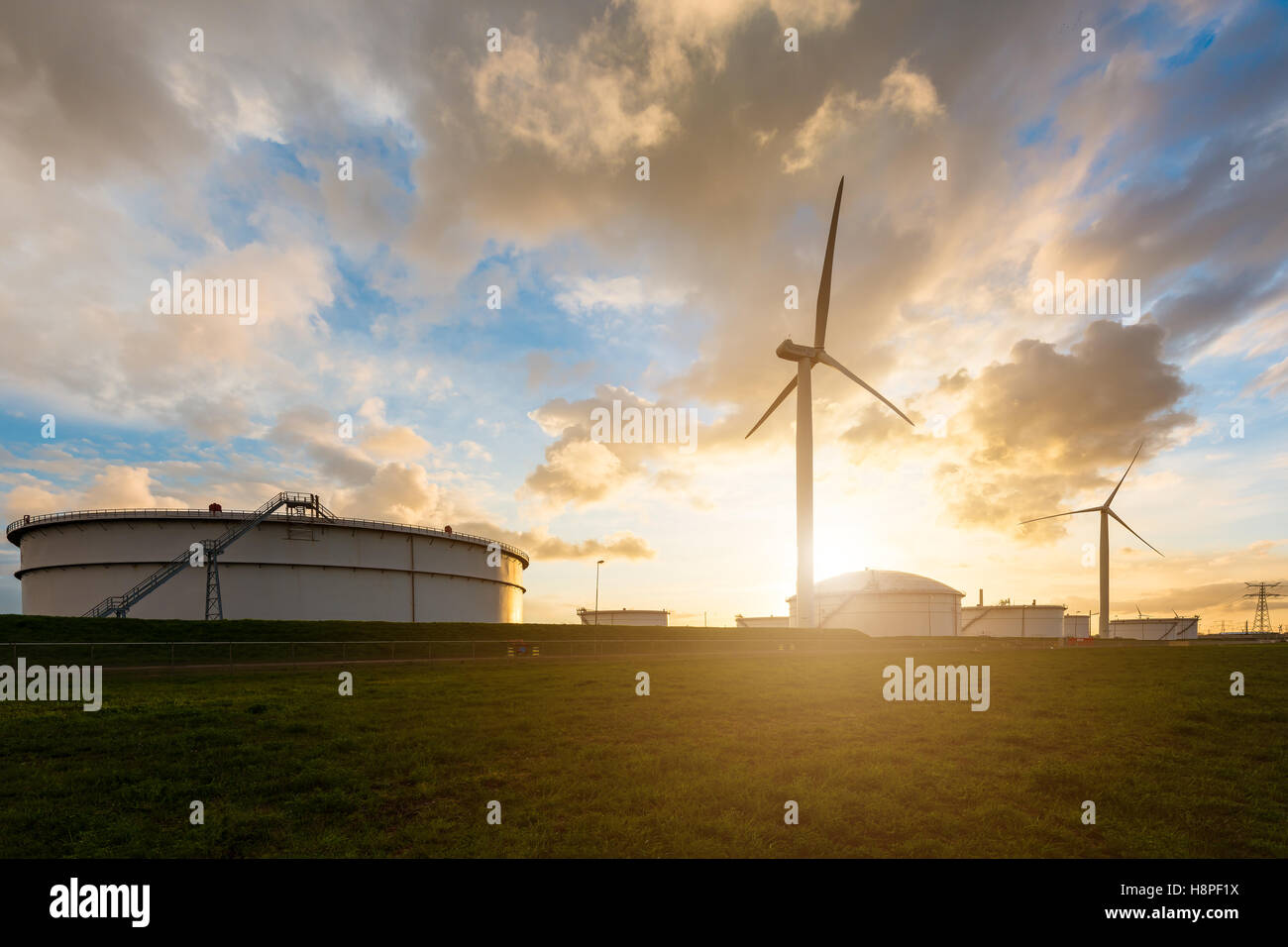 Oil storage tank windmill in oil refinery industry in morning at Rotterdam ,Netherlands. Stock Photo