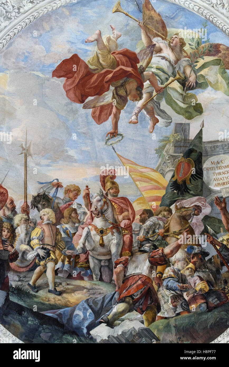 Rome. Italy. Galleria Colonna, Triumphal Entry of Marcantonio II Colonna in Rome, ceiling fresco by Giovanni Coli and Filippo Gh Stock Photo