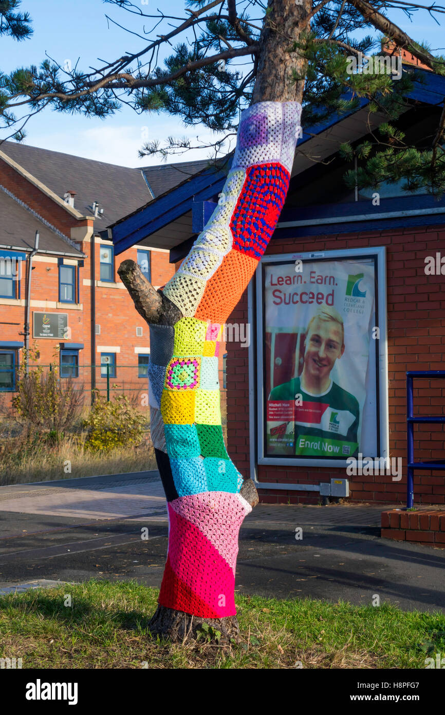 Yarn Bombing decorating public place with knitted objects here in Redcar trees at the Train Railway Station Stock Photo
