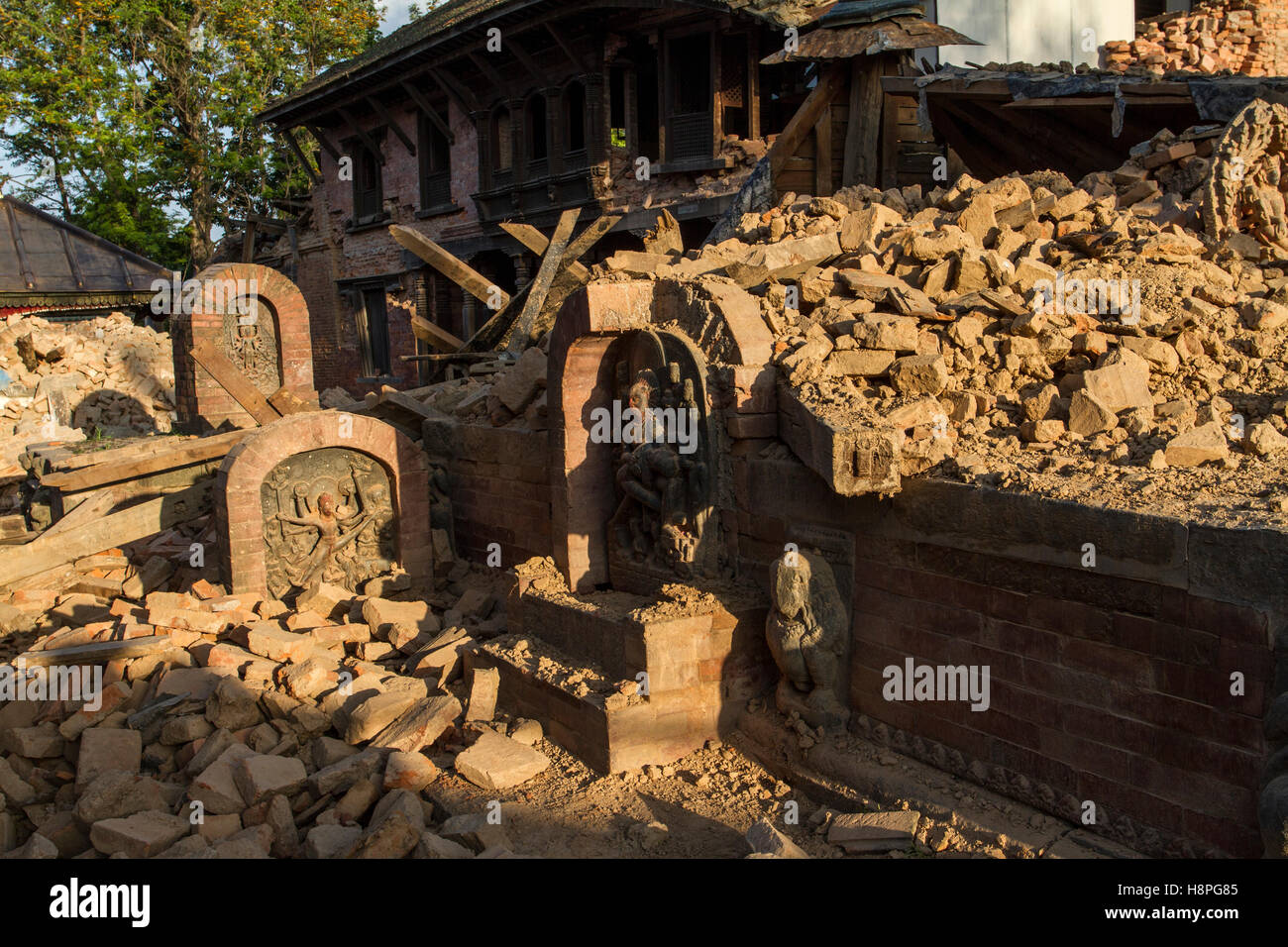 Damaged artefact's at the ancient Changu Narayan in the Kathmandu valley, after 7.8M earthquake struck on 25th April 2015. Stock Photo