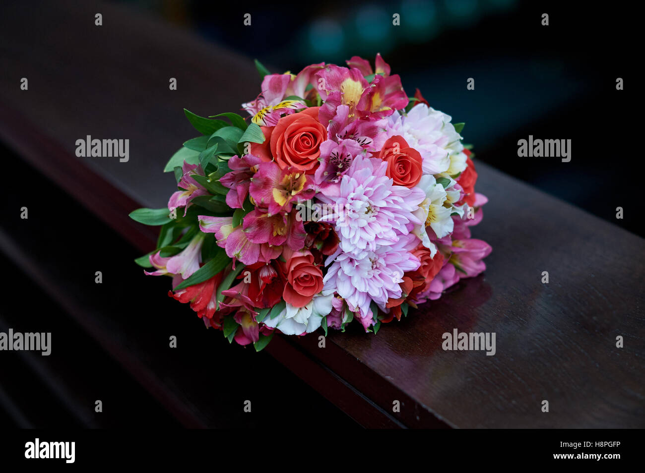 beautiful wedding bouquet lay on the table Stock Photo