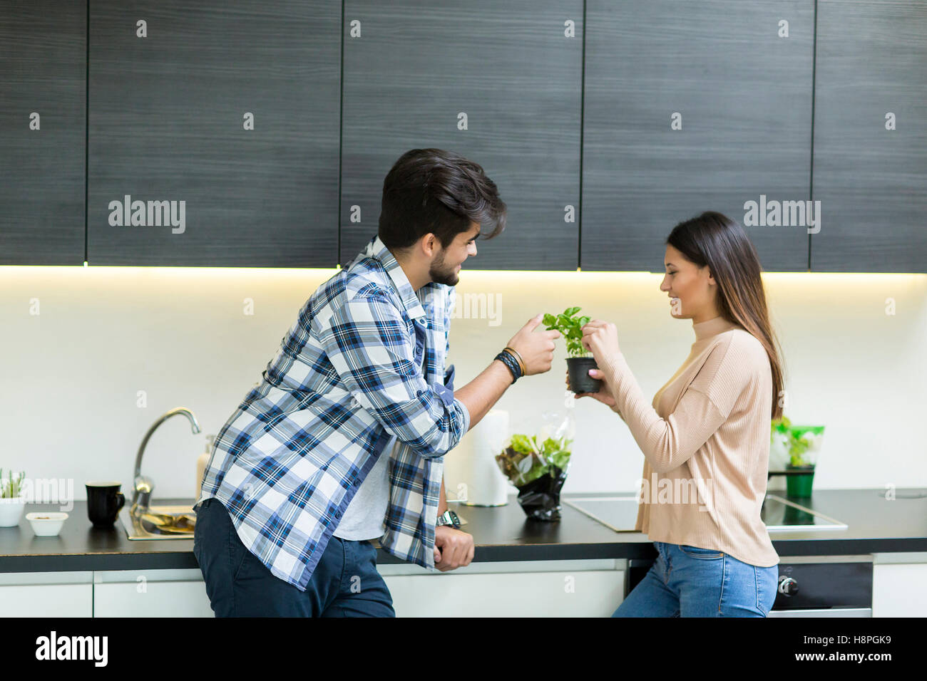 Happy young couple preparing food in the kitchen Stock Photo