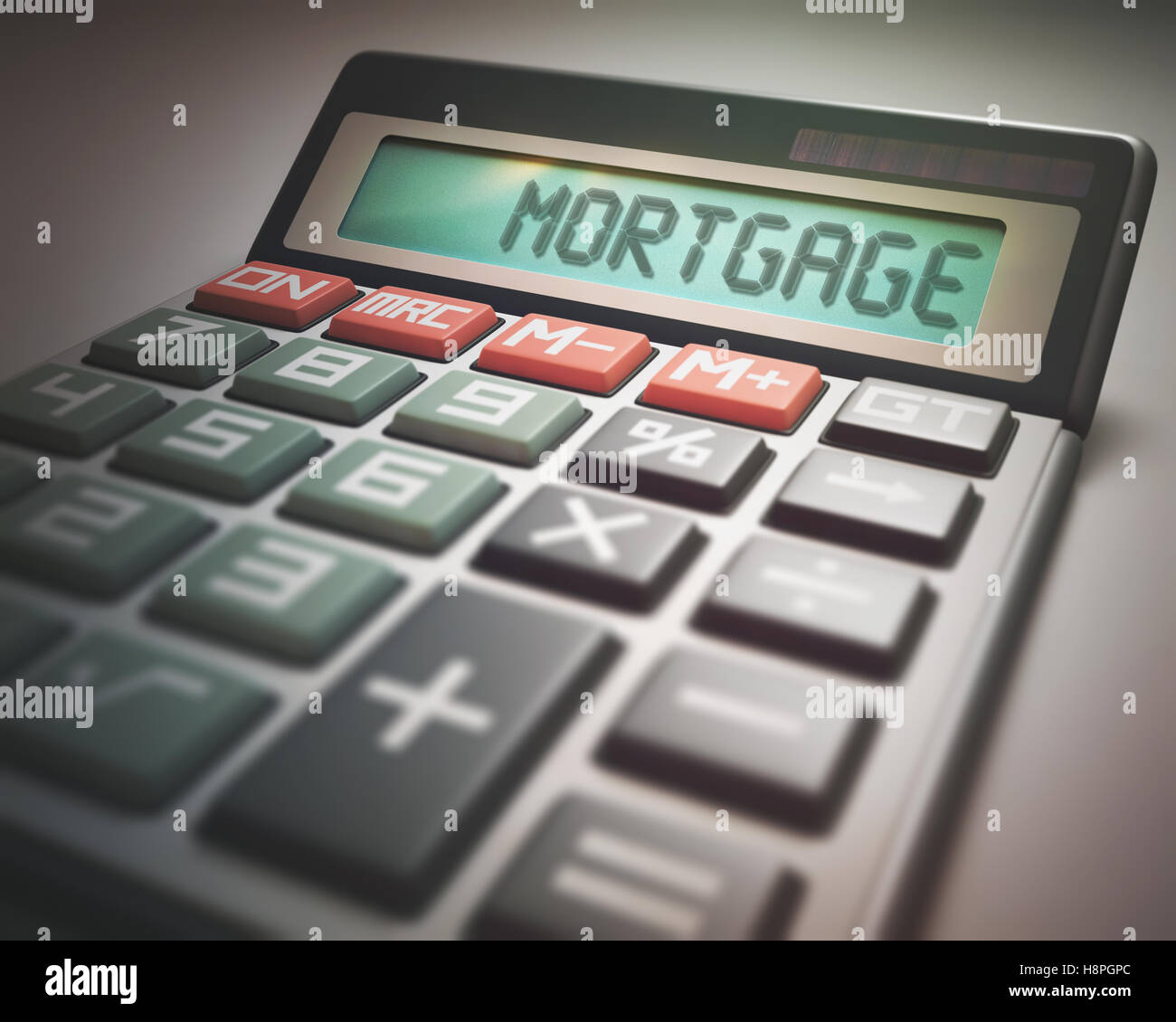 Solar calculator with the word MORTGAGE on the display. 3D illustration, concept image of Business and Finance. Stock Photo