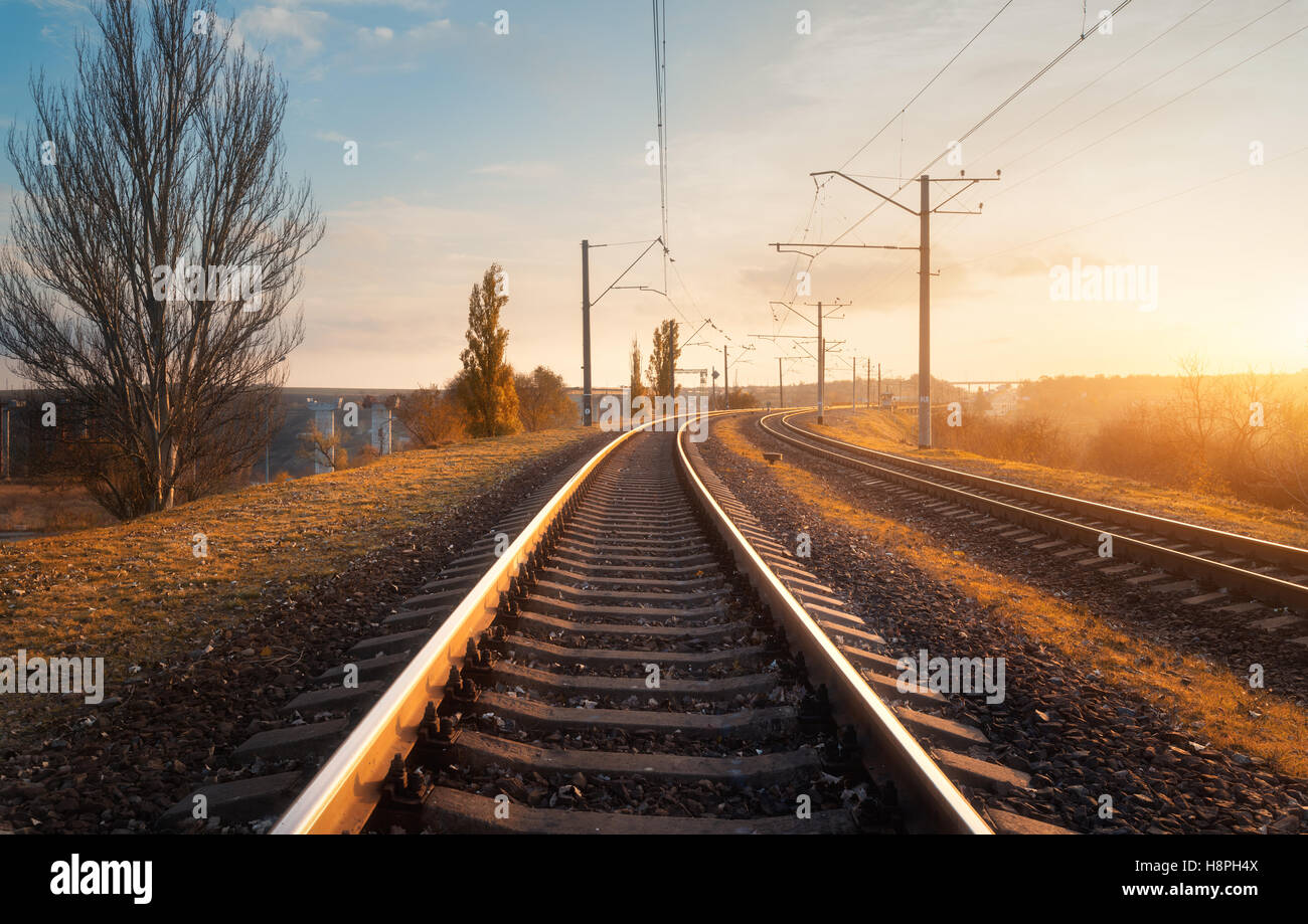 Railroad against beautiful sky at sunset. Industrial landscape with railway station, colorful blue sky, trees and sunlight Stock Photo