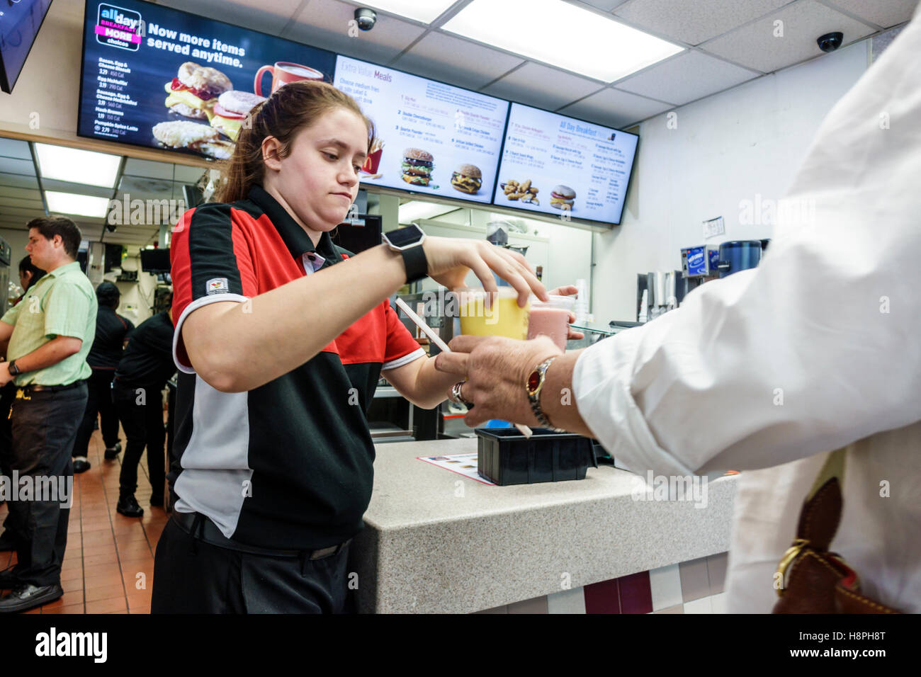 Florida,South,Vero Beach,McDonald's,restaurant restaurants food dining eating out cafe cafes bistro,fast food,interior inside,counter,cashier,adult ad Stock Photo